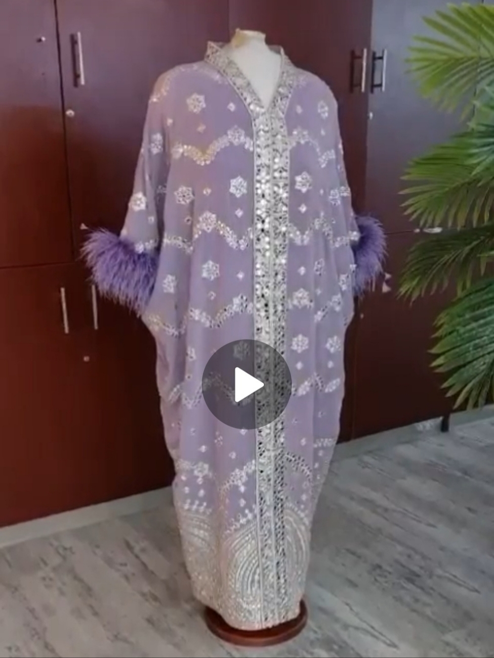 Embellished Lavender Abaya Dress with Feather Cuffs